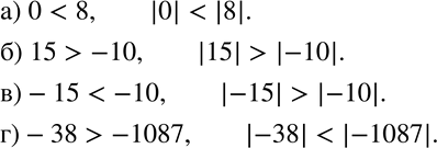 Изображение 114. Сравните числа и их модули:а) 0 и 8;   б) 15 и -10;   в) -15 и -10;    г) -38 и...