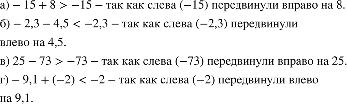 Изображение 214. Не выполняя вычислений, сравните:а)-15+8 и-15; б)-2,3-4,5 и-2,3; в) 25-73 и-73; г)-9,1+(-2)  и-2. ...